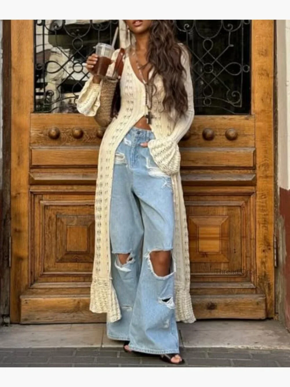 Women's Long Crochet Cardigan Bell Sleeve Ruffle Knit Lightweight Duster